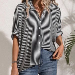 Coastal striped button-down short sleeved blouse